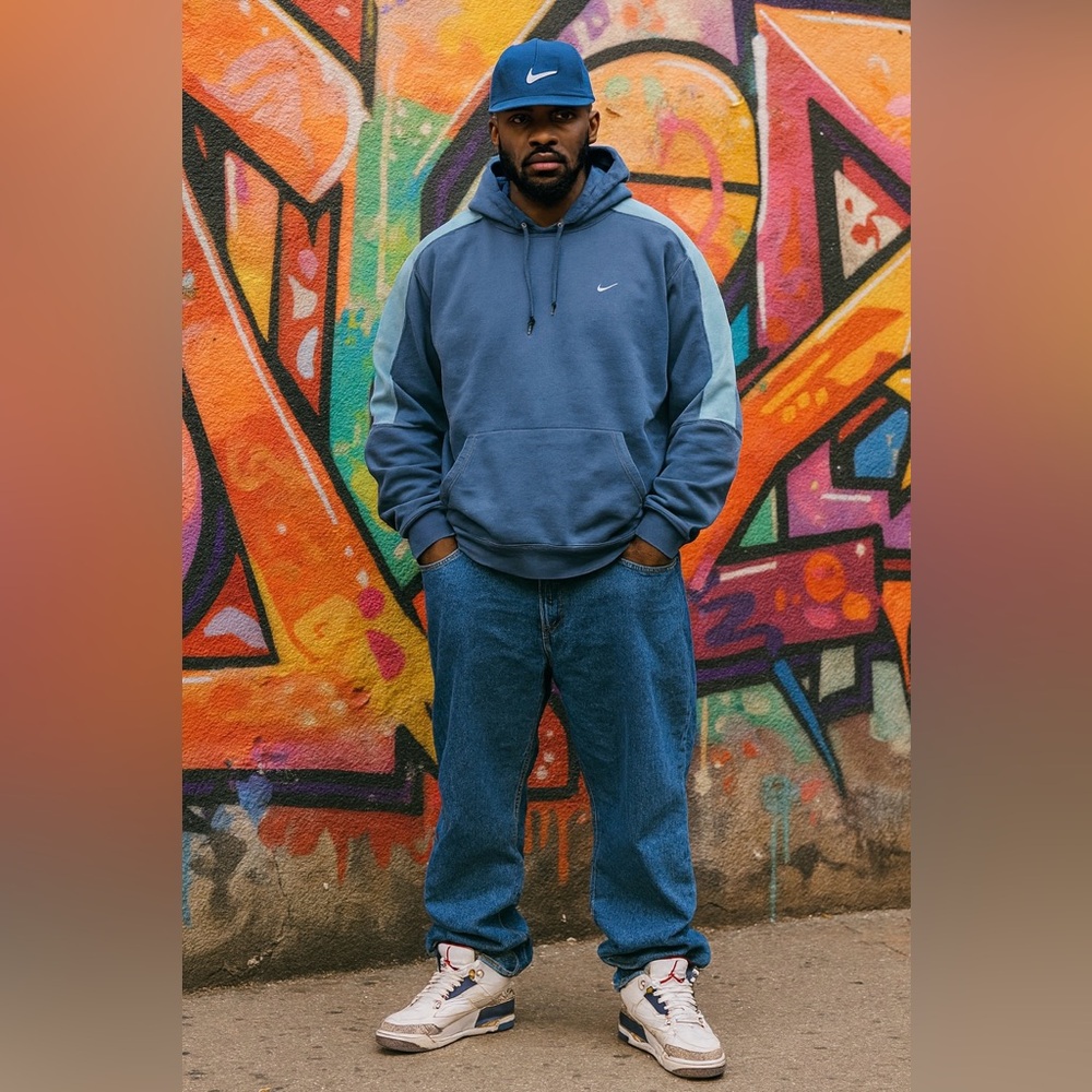 Vintage Nike Solo Swoosh Streetwear Hoodie Navy/Baby Blue Size Large